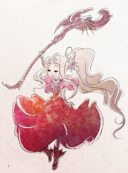 Rule 34 | 1girl, blonde hair, closed eyes, commentary, dress, english commentary, flower, full body, hair flower, hair ornament, holding, holding staff, kid icarus, kid icarus uprising, long hair, nintendo, ponytail, red dress, sarapocock, sketch, solo, staff, unmoving pattern, very long hair, viridi