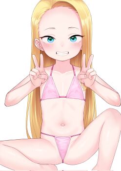 1girl atg_(wttoo0202) bikini blonde_hair blue_eyes double_v feet_out_of_frame flat_chest forehead grin highres loli long_hair looking_at_viewer navel parted_lips pink_bikini sasha-chan_to_classmate_otaku-kun sasha_(haguhagu) simple_background smile solo spread_legs string_bikini swimsuit v white_background