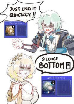 Rule 34 | 1boy, 1girl, aglaea (honkai: star rail), anaxa (honkai: star rail), anaxagoras, angry, bare shoulders, blonde hair, breasts, commentary, english commentary, english text, green hair, hetero, highres, honkai: star rail, honkai (series), looking at another, overmikii, screaming, short hair, watermark