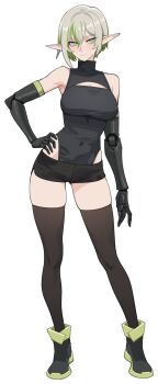 1girl absurdres bare_shoulders bike_shorts black_leotard black_shorts black_thighhighs boots breasts cleavage_cutout clothing_cutout commentary english_commentary full_body green_eyes green_hair hair_between_eyes hand_on_own_hip heattech_leotard highres kuso_otoko leotard leotard_under_clothes mechanical_arms multicolored_hair original pointy_ears shorts simple_background solo standing streaked_hair thighhighs turtleneck two-tone_hair white_background white_hair