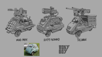 Rule 34 | bmw, bmw isetta, browning m2, chinese text, cyberpunk (series), cyberpunk 2077, dust, english text, greyscale, gun, heavy machine gun, highres, improvised armor, license plate, machine gun, mad max, manually-operated mounted gun, megaphone, monochrome, original, photo inset, railgun, remote weapon system, rocket launcher, rpg (weapon), scope, signature, simple background, spray paint, taiwan, technical, tony tseng, variations, video camera, weapon, windshield, wipers, wrench