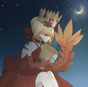 1girl 46isky21 back_bow bare_shoulders blonde_hair blue_sky bow braid choker closed_mouth cloud collarbone colored_skin commentary_request crescent_moon crown cup dragon_girl dragon_tail dress fate/grand_order fate/grand_order_arcade fate_(series) gem gradient_sky hair_between_eyes hair_bow hair_bun half-closed_eyes hands_up holding holding_cup holy_grail_(fate) jewelry large_bow looking_down moon nero_claudius_(fate) night outdoors pendant pointed_crown queen_draco_(fate) queen_draco_(first_ascension)_(fate) red_bow red_choker red_dress red_eyes red_skin short_hair sidelocks single_braid sitting sky sleeveless sleeveless_dress smile solo star_(sky) starry_sky tail white_gem yellow_gem