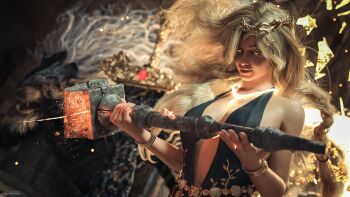 1girl 3d black_dress blonde_hair blurry blurry_background breasts cleavage darksouls depth_of_field dress elden_ring elden_ring:_shadow_of_the_erdtree fromsoftware glowing glowing_necklace highres jewelry medium_breasts necklace pearl_necklace queen_marika_the_eternal tagme yellow_eyes