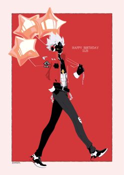 10machi 1boy balloon belt billy_kid black_pants black_shoes border clothed_robot commentary_request dated from_side half-closed_eyes hand_in_pocket happy_birthday high_collar highres holding holding_balloon humanoid_robot jacket looking_at_viewer male_focus mechanical_hands open_clothes pants pink_border red_background red_jacket robot robot_boy shoes solo star_balloon twitter_username walking white_hair yellow_eyes zenless_zone_zero