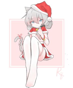 Rule 34 | 1girl, :t, absurdres, animal ears, blue eyes, cat ears, cat girl, cat tail, closed mouth, commentary, error1980, full body, hat, highres, honkai (series), honkai impact 3rd, long hair, looking at viewer, pink background, pout, red skirt, santa hat, side ponytail, skirt, tail, theresa apocalypse, thighhighs, two-tone background, white background, white hair, white thighhighs