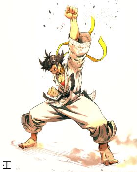 angry arm_up barefoot belt black_belt black_eyes black_hair breasts cleavage clenched_hand dougi fighting_stance heyjay highres karate_gi looking_down makoto_(street_fighter) neck_ribbon ribbon short_hair sports_bra street_fighter street_fighter_iii_(series) tomboy yellow_ribbon