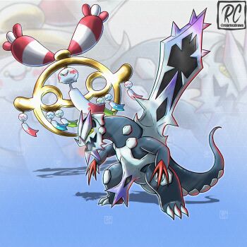 absurdres artist_name baxcalibur blue_claws blue_skin chimecho colored_sclera colored_skin dragon fangs gen_3_pokemon highres ice mega_baxcalibur mega_chimecho mega_pokemon nintendo no_humans open_mouth pokemon pokemon_(creature) pokemon_focus rcortezdraws scales skin_fangs smile spines spinosaurus twitter_username v-shaped_eyes wind_chime yellow_eyes yellow_sclera