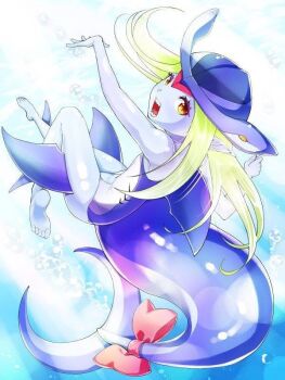 Rule 34 | arcana heart, bow, bubble, fish tail, green hair, long hair, open mouth, pistrix, shark girl, shark tail, sharp teeth, tail, teeth, yellow eyes