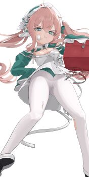 Rule 34 | 1girl, absurdres, azur lane, bandaid, bandaid on face, commentary, first aid kit, from below, green eyes, hand on own hip, hat, highres, hollow catalpa, italian flag, looking at viewer, low twintails, nurse cap, pantyhose, pink hair, pout, signature, simple background, sleeves past fingers, sleeves past wrists, solo, standing, torn clothes, torn pantyhose, twintails, ugolino vivaldi (azur lane), untranslatable commentary, white background, white pantyhose