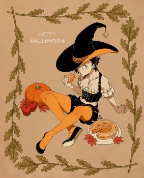 Rule 34 | 1girl, black hair, breasts, commentary request, cross, cross necklace, eating, food, happy halloween, hat, highres, holding, holding food, iwado anna, jewelry, kamezaemon, leaf, multicolored hair, necklace, original, pie, pumpkin, pumpkin pie, solo, streaked hair, witch hat