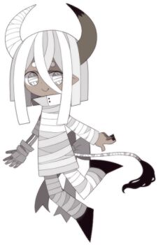 Rule 34 | bandaged arm, bandaged horn, bandaged leg, bandages, black nails, funamusea, funamusea (artist), high collar, hikimayu, horns, long sleeves, looking at viewer, official art, pointy ears, shirt, shoes, short eyebrows, skeletal arm, smile, solo, tan, tsunomiira (funamusea), white background, white eyes, white hair