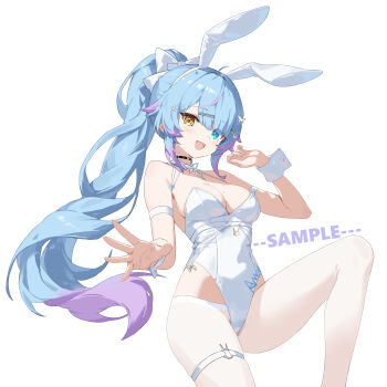 1girl absurdres animal_ears arm_strap bare_shoulders black_choker blue_eyes bow breasts choker cleavage detached_collar fake_animal_ears gradient_hair hair_bow hairband heterochromia highleg highleg_leotard highres leotard long_hair looking_at_viewer medium_breasts mole mole_on_breast mole_under_eye multicolored_hair open_mouth original pantyhose playboy_bunny ponytail rabbit_ears sample_watermark side-tie_leotard simple_background smile solo strapless strapless_leotard very_long_hair watermark white_background white_hairband white_leotard white_pantyhose wrist_cuffs yellow_eyes youtanhuayuan255