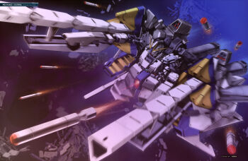 absurdres battle beam_cannon beam_rifle debris energy_gun firing gundam gundam_narrative gundam_perfect_file highres io_takuya machinery magazine_scan mecha mecha_focus missile mobile_suit motion_blur narrative_gundam no_humans painting_(medium) realistic robot ruins scan science_fiction solo space space_habitat thrusters traditional_media v-fin weapon zero_gravity