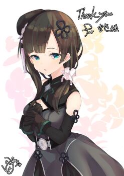 Rule 34 | 1girl, assault lily, black dress, black gloves, blue eyes, brown hair, cleavage cutout, clothing cutout, commentary request, commission, dress, elbow gloves, gloves, hair ornament, hair scrunchie, looking at viewer, scrunchie, signature, skeb commission, solo, upper body, wang yujia, yunekoko