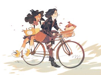 2girls absurdres bicycle black_boots black_hair black_jacket boots bow bowtie bucket commentary cronchybaguette english_commentary highres jacket long_hair looking_to_the_side medium_hair multiple_girls original red_bow red_bowtie riding riding_bicycle shirt shoes skirt smile sneakers socks white_shirt white_socks