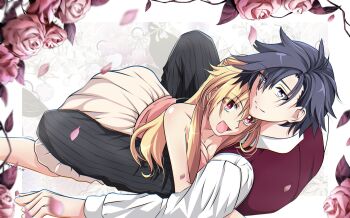 Rule 34 | alisa reinford, blonde hair, breasts, cleavage, couple, eiyuu densetsu, flower, hetero, highres, rean schwarzer, red flower, red rose, rose, sen no kiseki (series), smile, spirit rise