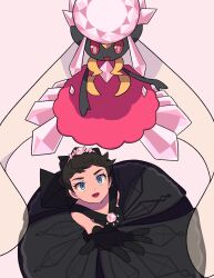 1girl :d alternate_color black_dress black_gloves blue_eyes collarbone commentary_request diancie diantha_(pokemon) diantha_(sygna_suit)_(pokemon) dress eyelashes eyeshadow from_above gem gen_6_pokemon gloves hair_ornament hairband highres legendary_pokemon looking_up makeup mega_diancie mega_pokemon mythical_pokemon nintendo official_alternate_costume open_mouth pink_gemstone pokemon pokemon_(creature) pokemon_masters_ex shiny_pokemon short_hair smile tyako_089