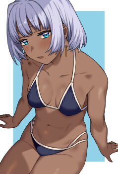 1girl bikini blue_background blue_bikini blue_eyes blush breasts commentary_request dark-skinned_female dark_skin grey_hair hai_ookami highres looking_at_viewer medium_breasts mole mole_under_mouth navel open_mouth original short_hair sitting solo swimsuit thighs two-tone_background white_background