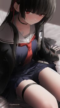 1girl absurdres arm_cutout black_choker black_hair black_jacket black_serafuku black_shirt black_skirt blurry blurry_background blush breasts chisa_(wuthering_waves) choker closed_mouth clothing_cutout collarbone commentary cryne hair_ribbon highres jacket long_hair long_sleeves looking_at_viewer making-of_available medium_breasts mole mole_under_eye neckerchief red_eyes red_neckerchief red_pupils red_ribbon ribbon sailor_collar school_uniform serafuku shirt sitting skirt solo thigh_strap thighs twitter_username white_sailor_collar wuthering_waves