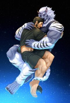2boys bara barefoot beard black_hair black_shorts black_tank_top closed_eyes closed_mouth couple facial_hair final_fantasy final_fantasy_xiv fliegen80s from_above full_beard full_body furry furry_male furry_with_non-furry highres hrothgar hug hyur interspecies large_pectorals lion_boy lion_tail male_focus male_pubic_hair mature_male multiple_boys muscular muscular_male pectorals pubic_hair pubic_hair_peek short_hair shorts smile tail tail_around_another&#039;s_leg tank_top thick_eyebrows warrior_of_light_(ff14) yaoi