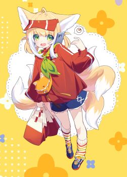 Rule 34 | 1girl, absurdres, alternate costume, animal ears, arknights, bag, blonde hair, fox ears, fox girl, fox tail, full body, green eyes, highres, holding, miaoneko, multiple tails, shorts, socks, solo, suzuran (arknights), tail