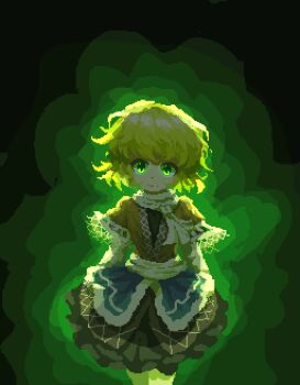 02charaice20 1girl absurdres arms_at_sides backlighting black_skirt blonde_hair blue_overskirt brown_shirt commentary cowboy_shot english_commentary glowing glowing_eyes gradient_background green_background green_eyes green_theme head_tilt highres light_smile looking_at_viewer messy_hair mizuhashi_parsee open_clothes open_shirt patterned pixel_art sash scarf shirt short_sleeves skirt solo straight-on touhou undershirt white_sash white_scarf