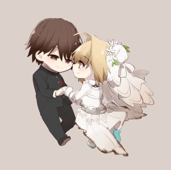 Rule 34 | 1boy, 1girl, 46isky21, ahoge, belt, black pants, black shirt, black shoes, blonde hair, blue shoes, blush, bodysuit, bow, bridal veil, bride, brown eyes, brown hair, bun cover, buttons, chain, closed mouth, commentary request, emblem, fate/extra, fate/extra ccc, fate (series), flower, from behind, full body, gloves, green eyes, grey background, hair between eyes, hair bun, hand up, head wreath, hetero, high heels, holding hands, husband and wife, kishinami hakuno (male), leaf, leg up, long sleeves, looking at another, nero claudius (bride) (fate), nero claudius (fate), pants, pocket, school uniform, shirt, shoes, short hair, simple background, skirt, smile, standing, standing on one leg, tsukumihara academy uniform (fate/extra ccc), veil, white belt, white bodysuit, white bow, white flower, white gloves, white skirt, white veil, wrist cuffs