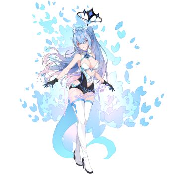 1girl absurdres ahoge bare_arms black_dress black_gloves black_halo blue_eyes blue_hair boots breasts cleavage commentary_request crossed_bangs dragon_girl dragon_horns dragon_tail dress earrings full_body gloves gradient_hair hair_between_eyes hair_ornament hairclip halo high_heel_boots high_heels highres horns jewelry kolimiya large_breasts long_hair looking_at_viewer mismatched_earrings multicolored_hair original parallel_hairclips parted_lips signature sleeveless sleeveless_dress solo standing tail thigh_boots twintails two-tone_dress white_background white_boots white_dress