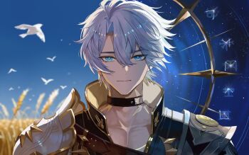 Rule 34 | 1boy, antenna hair, armor, black choker, black shirt, blue eyes, blue sky, choker, commentary request, coreflame (honkai: star rail), honkai: star rail, honkai (series), looking at viewer, male focus, nanjo maya, neck tattoo, parted bangs, pauldrons, phainon (honkai: star rail), shirt, short hair, shoulder armor, single pauldron, sky, solo, split theme, star (sky), starry sky, sun symbol, sun tattoo, tan, tattoo, wheat field, white hair