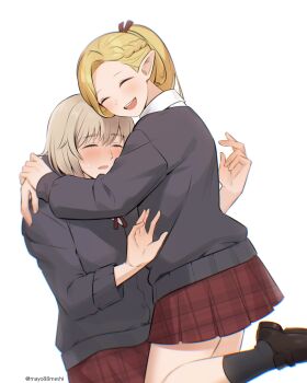 2girls :o absurdres artist_name blonde_hair blush closed_eyes collared_shirt commentary_request contemporary cowboy_shot dungeon_meshi elf falin_touden falin_touden_(tallman) grey_shirt happy highres hug korean_commentary leg_lift marcille_donato mayo_(mayo88meshi) multiple_girls plaid_clothes plaid_skirt pointy_ears ponytail red_ribbon red_skirt ribbon school_uniform shirt short_hair simple_background skirt sweat teeth upper_teeth_only white_background