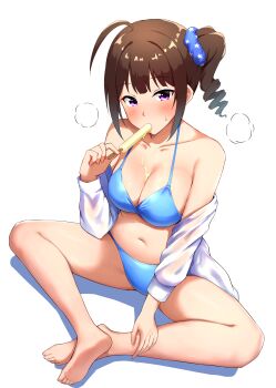 1girl absurdres ahoge bare_legs bare_shoulders barefoot bikini blue_bikini blush breasts brown_hair butterfly_sitting cleavage collarbone commentary drill_hair eating food food_between_breasts full_body hair_ornament hair_scrunchie halterneck hand_on_own_leg hand_up highres holding holding_food holding_ice_cream ice_cream idolmaster idolmaster_million_live! karua_(karua23) large_breasts long_sleeves looking_at_viewer navel off_shoulder open_clothes open_shirt print_scrunchie purple_eyes scrunchie see-through_clothes see-through_shirt shadow shirt short_hair side_drill side_ponytail simple_background sitting soles solo star_(symbol) star_print stomach sweatdrop swimsuit wet wet_clothes wet_shirt white_background white_shirt yokoyama_nao