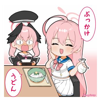 <|>_<|> 2girls :d ^_^ ahoge beret black_hat black_shirt black_wings blue_archive blue_sailor_collar blush bowl braid capriccyo chibi closed_eyes commentary_request feathered_wings gradient_background halo hanako_(blue_archive) hat hat_launch head_wings highres holding holding_tray koharu_(blue_archive) long_hair long_sleeves low_wings multiple_girls nose_blush open_mouth pink_background pink_hair pleated_skirt puffy_long_sleeves puffy_sleeves sailor_collar school_uniform serafuku shirt short_sleeves sitting skirt smile table translation_request tray twintails twitter_username very_long_hair wavy_mouth white_background white_sailor_collar white_serafuku white_shirt white_skirt wings