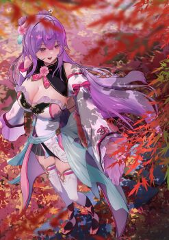 1girl absurdres ahoge autumn autumn_leaves bare_shoulders black_boots blush boots breasts chinese_clothes cleavage commentary_request double_bun dress falling_leaves floral_print flower forest frills from_above full_body hair_between_eyes hair_bun hair_flower hair_ornament highres immoralmouse jewelry kanzashi kozue_mone kozue_mone_(1st_costume) large_breasts layered_dress leaf long_hair long_sleeves multicolored_dress nature nijisanji open-toe_boots open_mouth outdoors pink_dress pink_eyes pink_flower pink_ribbon purple_hair ribbon skirt smile solo thighhighs very_long_hair virtual_youtuber white_dress white_thighhighs zettai_ryouiki