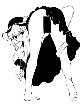 1girl ass bar_censor bare_legs barefoot black_eyes blouse bottomless bow censored commentary feet frilled_sleeves frills greyscale hair_between_eyes hat hat_bow komeiji_koishi long_sleeves looking_at_viewer looking_back monochrome panties panties_around_leg shirt short_hair simple_background skirt solid_oval_eyes solo string thick_thighs thighs touhou underwear white_background yonoisan