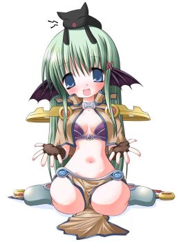 1girl 2000s_(style) :d animal animal_ears animal_on_head bat_ears bat_wings bikini bikini_top_only black_cat blue_eyes blush breasts brown_capelet brown_gloves capelet cat cat_on_head collarbone fingerless_gloves full_body gloves green_hair hair_ornament hairclip head_tilt long_hair looking_at_viewer medium_breasts navel on_head open_hands open_mouth pelvic_curtain purple_bikini ragnarok_online sage_(ragnarok_online) simple_background sitting smile solo straight_hair swimsuit tareme third-party_source very_long_hair wariza wazawogi_(wzog) wings