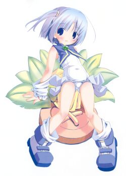 1girl absurdres blue_boots blue_eyes blue_hair boots covered_navel full_body highres loli looking_at_viewer moetan one-piece_swimsuit one_side_up parted_lips pastel_ink pop_(electromagneticwave) scan school_swimsuit short_hair simple_background socks solo standing swimsuit third-party_source white_background white_one-piece_swimsuit white_socks