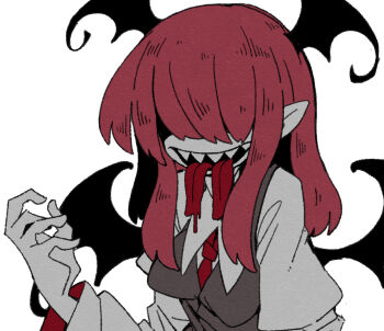 1girl bat_wings breasts colored_skin grey_skin grey_vest hair_over_eyes hand_up head_wings koakuma koishi_komeiji&#039;s_heart-throbbing_adventure long_bangs long_hair massakasama medium_breasts multiple_tongues necktie pointy_ears red_hair red_necktie sharp_teeth sidelocks simple_background solo teeth tongue tongue_out touhou upper_body upper_teeth_only vest white_background wings