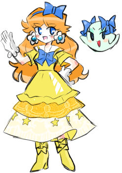 2girls absurdres blue_bow bow bow_(paper_mario) brown_hair dress earrings flower_earrings ghost gloves hair_bow hand_on_own_hip highres jewelry long_hair mario_(series) multiple_girls nintendo orange_dress paper_mario paper_mario_64 princess_daisy rakugaki_shitagari-ya shoes simple_background waving white_background white_gloves yellow_shoes