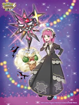 1girl :d arched_bangs black_ribbon black_shoes commentary_request copyright_name dress eyelashes gen_5_pokemon hair_ornament hair_ribbon hairclip hand_up happy headdress highres index_finger_raised lacey_(fall_2025)_(pokemon) lacey_(pokemon) long_sleeves medium_hair nintendo official_alternate_costume official_art open_mouth pokemon pokemon_(creature) pokemon_masters_ex purple_hair ribbon shoes smile terastallization tongue watermark whimsicott