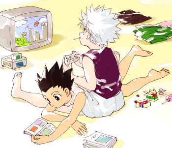 2boys black_hair clothes_on_floor gon_freecss hunter_x_hunter killua_zoldyck male_focus multiple_boys odenkong on_floor playing_games reading shirt shorts sleeveless sleeveless_shirt video_game white_hair