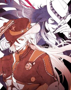 2boys ashveil_(honkai:_star_rail) black_hair boothill_(honkai:_star_rail) cowboy_hat cropped_jacket cyborg earrings fedora gloves gradient_hair grin gun hair_over_one_eye hand_on_headwear hat hat_ornament highres honkai:_star_rail honkai_(series) jewelry long_hair mole mole_under_eye multicolored_hair multiple_boys partially_colored sakae_0_0 sharp_teeth single_earring smile streaked_hair teeth turtleneck very_long_hair weapon white_hair zipper