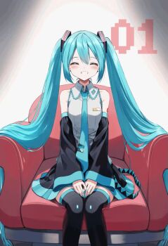 1girl ^_^ animated armchair black-framed_eyewear black_bow black_skirt black_sleeves black_thighhighs blue_nails blue_necktie blush bow braid chair closed_eyes closed_mouth collared_shirt detached_sleeves double_bun facing_viewer forehead glasses grin hair_bow hair_bun hair_down hatsune_miku highres long_hair long_sleeves looking_at_viewer low_twintails meme miku_day nail_polish necktie on_chair parted_bangs parted_lips pentagon_(railgun_ky1206) pleated_skirt ponytail roulette_animation round_eyewear semi-rimless_eyewear shirt short_hair side_ponytail sidetail_miku_noodle_stopper_(meme) single_braid sitting skirt sleeveless sleeveless_shirt sleeves_past_wrists small_sweatdrop smile solo striped_bow sweat tagme thighhighs tie_clip twin_braids twintails two_side_up under-rim_eyewear very_long_hair video vocaloid white_shirt wide_sleeves