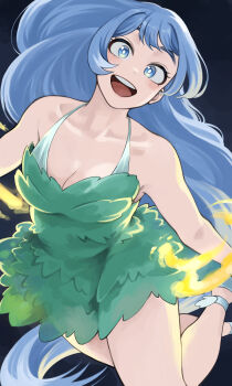 1girl :d absurdly_long_hair absurdres bare_shoulders blue_eyes boku_no_hero_academia breasts cleavage collarbone dress energy fengling_(furin-jp) green_dress hado_nejire highres long_hair looking_at_viewer medium_breasts open_mouth short_dress sleeveless sleeveless_dress smile solo very_long_hair