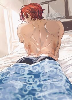 1boy absurdres amputee armless_amputee black_male_underwear commentary_request facial_hair goatee_stubble hair_behind_ear highres indoors light_particles looking_to_the_side lying male_focus male_underwear on_stomach one_piece red_eyes red_hair scar scar_across_eye scar_on_back scar_on_face scar_on_shoulder shanks_(one_piece) short_hair solo stubble topless_male umaio29 under_covers underwear unfinished watermark