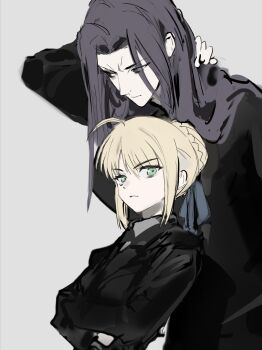Rule 34 | 1boy, 1girl, ahoge, alternate costume, artoria pendragon (fate), black necktie, blonde hair, closed mouth, crossed arms, fate/zero, fate (series), formal clothes, green eyes, grey background, hair bun, humumi2306661, lancelot (fate/zero), long sleeves, looking at viewer, necktie, purple hair, saber (fate), saber (fate/zero), short hair, sidelocks, simple background, suit