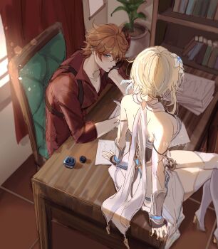 1boy 1girl ahoge aitsuwu arm_support blonde_hair blue_eyes blush book bookshelf chair commentary commentary_request crossed_legs curtains desk dress english_commentary feather_hair_ornament feathers flower from_above genshin_impact gloves hair_between_eyes hair_flower hair_ornament half_gloves hand_on_own_cheek hand_on_own_face high_heels highres indoors lumine_(genshin_impact) on_desk orange_hair paper paper_stack plant potted_plant red_shirt romper scarf shirt short_hair_with_long_locks sitting table tartaglia_(genshin_impact) white_dress white_flower white_romper white_scarf window wooden_table
