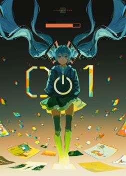 1girl absurdly_long_hair aqua_eyes aqua_shirt artist_name black_background black_skirt black_thighhighs blue_hair blue_jacket boots circle_skirt closed_mouth collared_shirt drawing_(object) floating_clothes floating_hair full_body glowing glowing_feet gradient_background green_boots hair_between_eyes hair_floating_upwards hair_ornament hands_in_pockets hatsune_miku highres hood hood_down hooded_jacket jacket knee_boots litarnes loading_icon long_hair long_sleeves looking_at_viewer miniskirt necktie orange_background pleated_skirt power_symbol shirt skirt smile solo standing straight-on thighhighs twintails two-tone_background very_long_hair vocaloid wavy_hair white_necktie