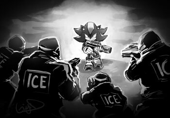 5boys absurdres aiming commentary english_commentary frown full_body furry furry_male gigi-d gloves greyscale gun hedgehog_boy highres holding holding_gun holding_weapon looking_at_viewer male_focus monochrome multiple_boys politics shadow_the_hedgehog shadow_the_hedgehog_(game) solo_focus sonic_(series) united_states_immigration_and_customs_enforcement weapon
