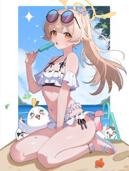1girl absurdres between_legs bikini blue_archive blue_sky breasts cleavage cloud day eyewear_on_head food frilled_bikini frills halo hand_between_legs hifumi_(blue_archive) hifumi_(swimsuit)_(blue_archive) highres holding holding_food long_hair navel official_alternate_costume on_ground outdoors peroro_(blue_archive) ponytail popsicle round_eyewear sandals shusuchii side-tie_bikini_bottom sky solo starfish sunglasses swimsuit toes white_bikini