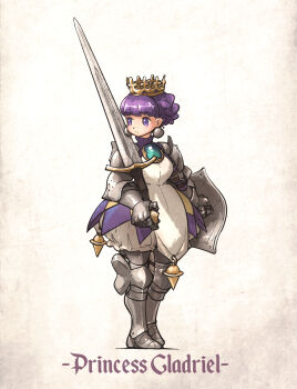 1girl armor armored_dress bloomers boots braid character_name crown dress earrings english_text gauntlets gold_crown gradriel greaves highres holding holding_sword holding_weapon ironlily jewelry knee_boots princess princess_crown purple_eyes purple_hair short_hair solo sword underwear weapon white_bloomers